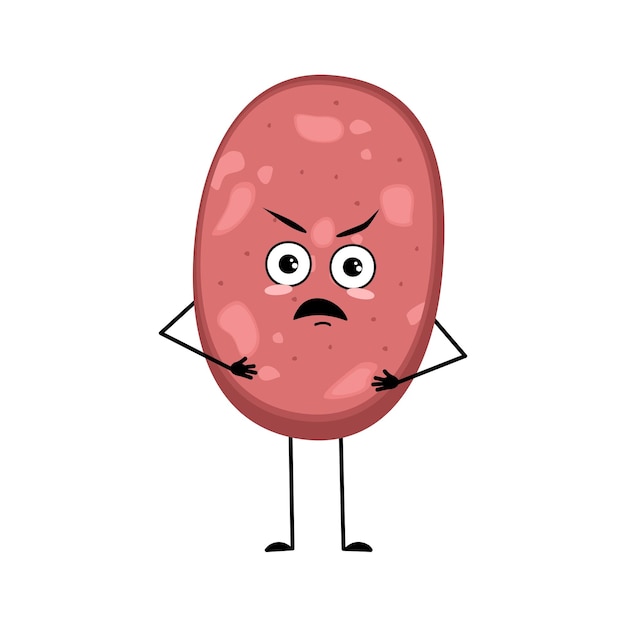 Cute sausage character with angry emotions grumpy face furious eyes arms and legs irritated meal or ...