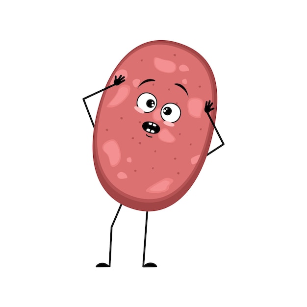 Cute sausage character with emotions in panic grabs his head surprised face shocked eyes arms and le...