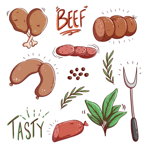 Illustrazione di salsiccia e carne carina con stile doodle colorato