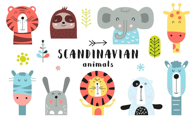 Cute scandinavian animals set hand drawn