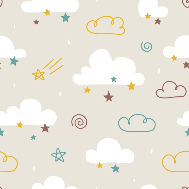 Вектор Симпатичный скандинавский узор облачного неба с падающими звездами бесшовная текстура для текстильной ткани, оберточной бумаги для одежды, канцелярских товаров, детской комнаты