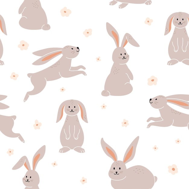 Cute scandinavian Easter seamless pattern with bunnies flowers on white background