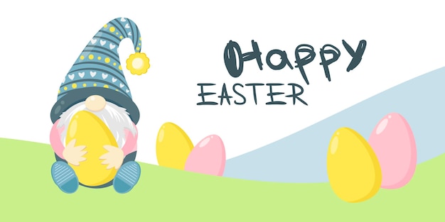 Vector cute scandinavian gnome with easter eggs easter vector banner hand drawn lettering happy easter