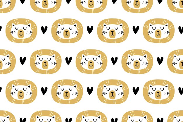 Cute Scandinavian Head Lion Seamless Pattern Background Vector