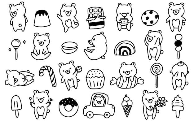 Cute scandinavian style bear, cub, sweets doodle hand drawn illustration
