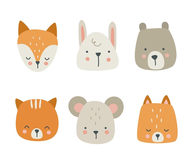 Cute scandinavian style collection of animals head.