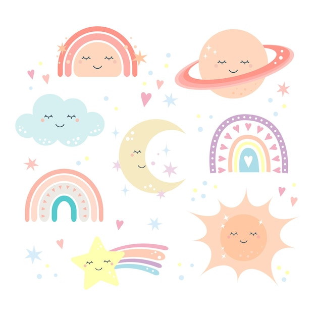 Vector cute scandinavian style rainbow and sky objects for baby shower