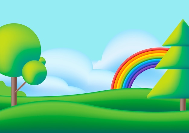 Vector cute scape with rainbow, trees and green meadow.