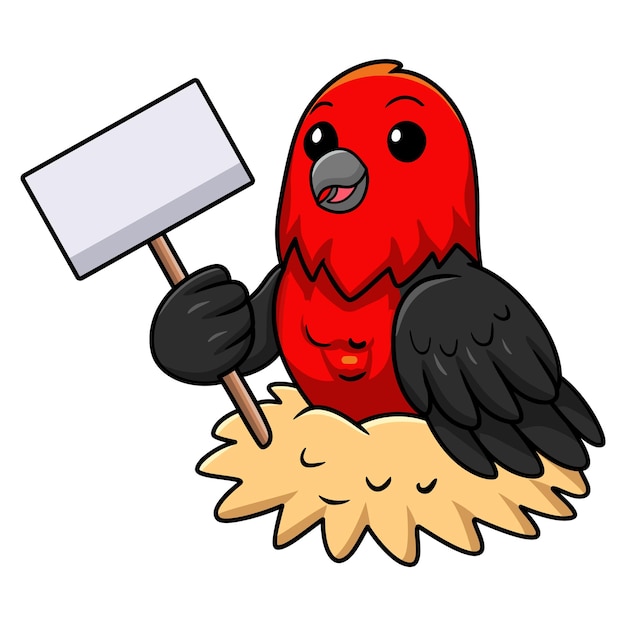 Cute scarlet tanager bird cartoon holding blank sign