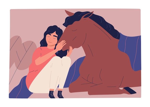 Vettore scena carina con donna che abbraccia cavallo. amicizia e amore tra umano e animale domestico. ritratto di personaggio femminile che abbraccia l'animale domestico. piatto del fumetto di vettore.