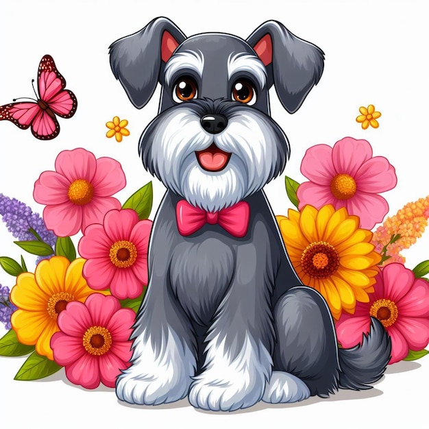 Vector cute schnauzer dog and flowers vector cartoon illustration