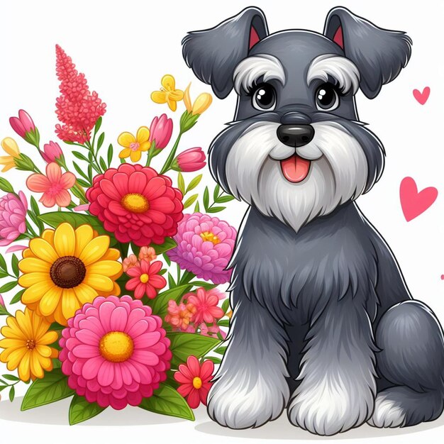 Vector cute schnauzer dog and flowers vector cartoon illustration