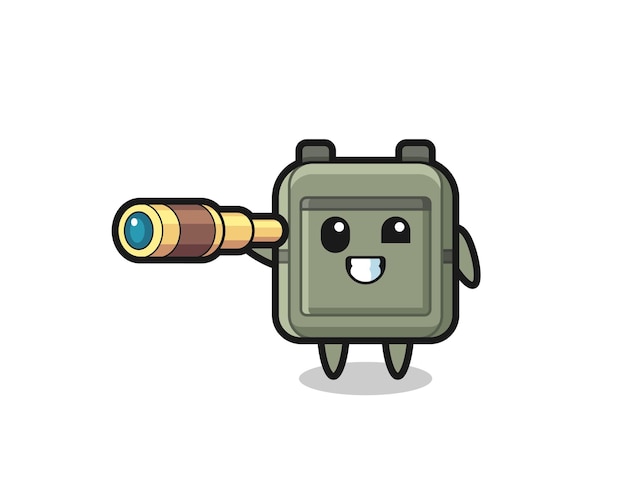 かわいいランドセルのキャラクターが古い望遠鏡を持っています
