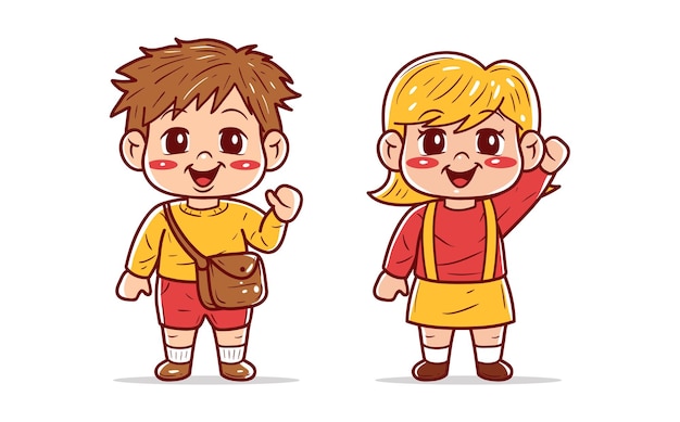 Vector cute school boy and girl are waving hands vector illustration