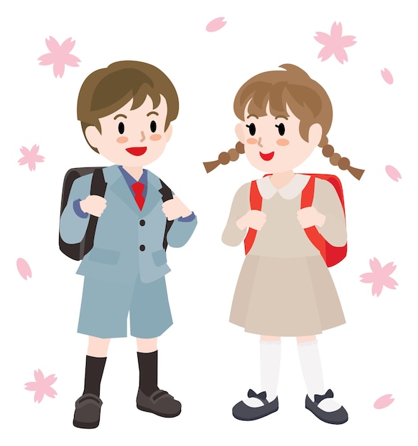 Vector cute school boy and girl with cherry blossom.