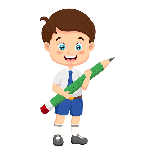 Милый школьник держит большой карандаш