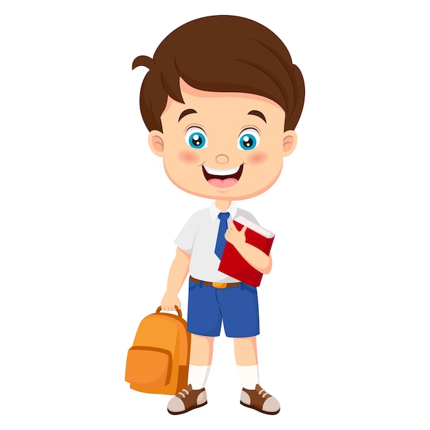 Vector cute school boy holding a book and bag