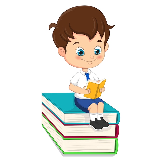 Vector cute school boy reading a book