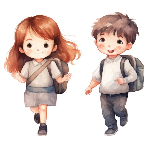 cute school children illustrations drawn in watercolor on white background