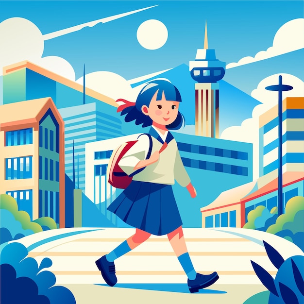 Вектор Милая школьница возвращается в школу ручно нарисованный персонаж мультфильма наклейка икона концепция изолирована