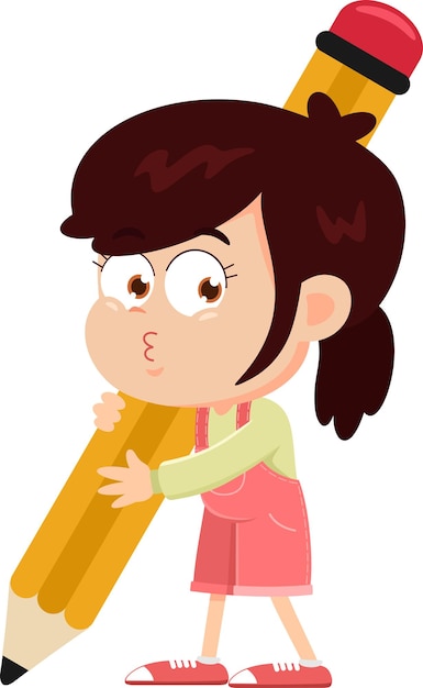 Cute School Girl Cartoon Character Holding A Pencil Vector Illustration Flat Design