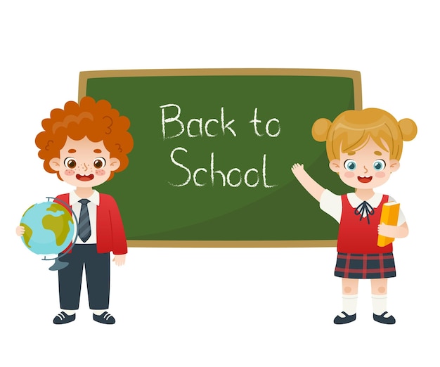 Cute school kids standing in front of the chalkboard Cartoon pupils in uniform back to school