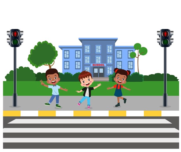 Premium Vector  School kids with backpack walking crossing road near  pedestrian traffic light on zebra cross