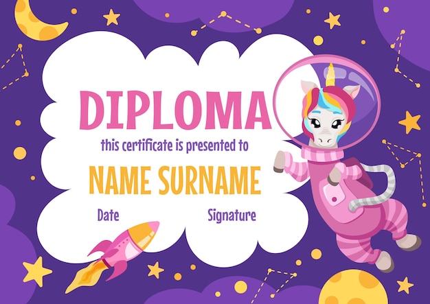 Certificato di diploma scolastico o prescolare carino per bambini con astronauta unicorno in uno spazio aperto