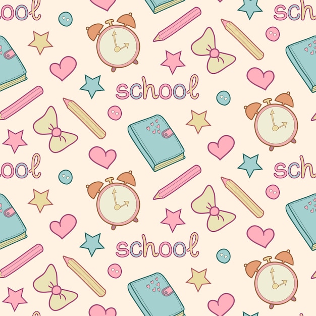 Cute school seamless pattern with diary, alarm clock, colored pencils, bow, heart, star.