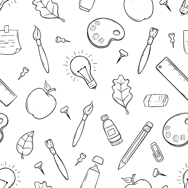 cute school supplies or items in seamless pattern using doodle art