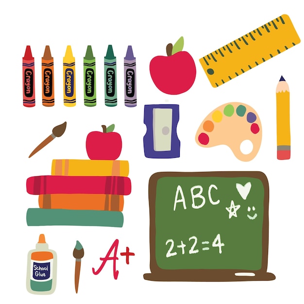 Vettore set di oggetti scolastici carini con illustrazione di diversi oggetti scolastici