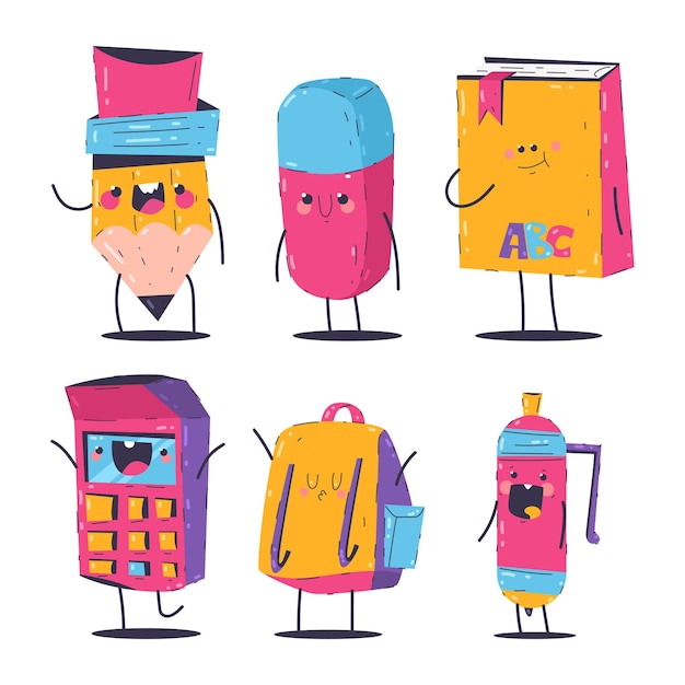 Cute school supplies vector cartoon education characters set isolated on a white background