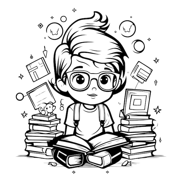 Cute Schoolboy Studying Black and White Cartoon Illustration Vector