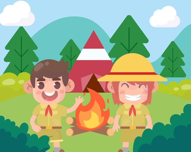 Симпатичный мальчик-разведчик и девочка-разведчик, гуляющие по лесу, у детей есть летние приключения на свежем воздухе