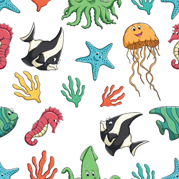 cute sea animal in seamless pattern