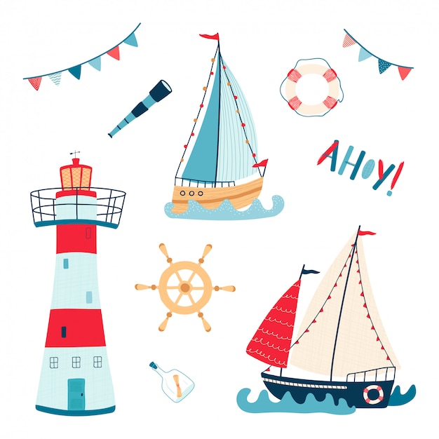 Vector cute sea collection with sailboat, lighthouse, lifebuoy, telescope, steering wheel isolated on white background