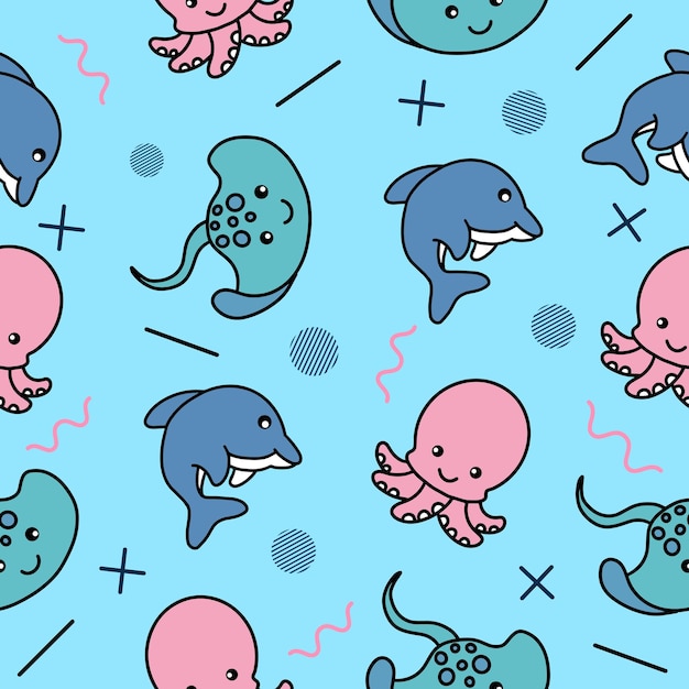 デザインとかわいい海の魚の動物のシームレスなパターンの壁紙