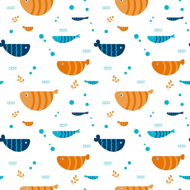 Cute sea fishes on vector seamless pattern. Set of aquarium cartoon fish. Flat geometric design