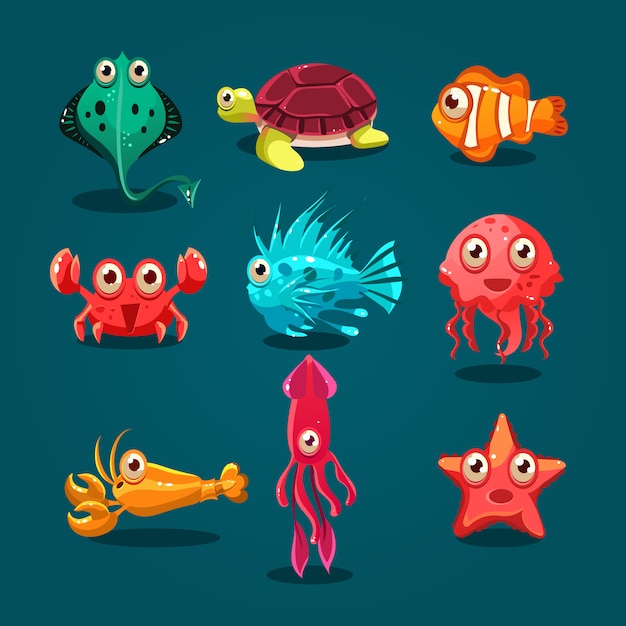 Набор милых морских существ существ мультфильм животных