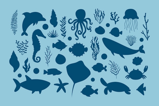 Cute sea life elements silhouette set Cartoon vector illustration