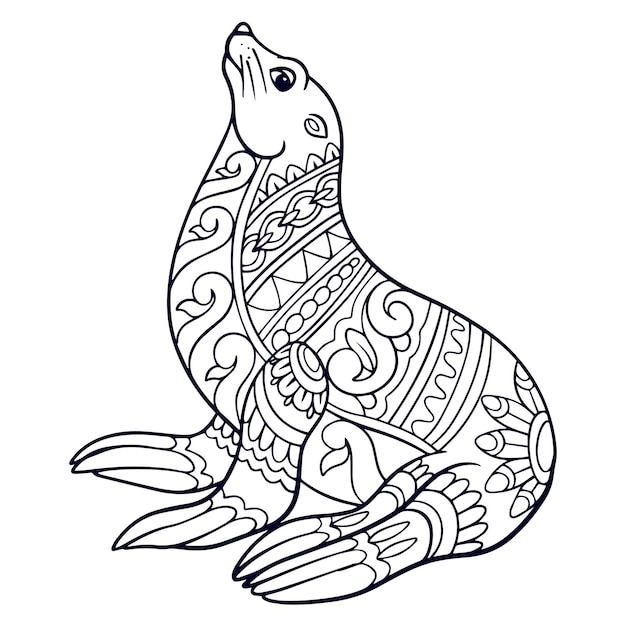 cute sea lion cartoon mandala arts isolated on white background