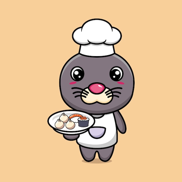 Simpatico personaggio dei cartoni animati chef di leoni marini con cibo giapponese