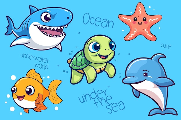 The cute sea and ocean animals are happy in their sea nature background