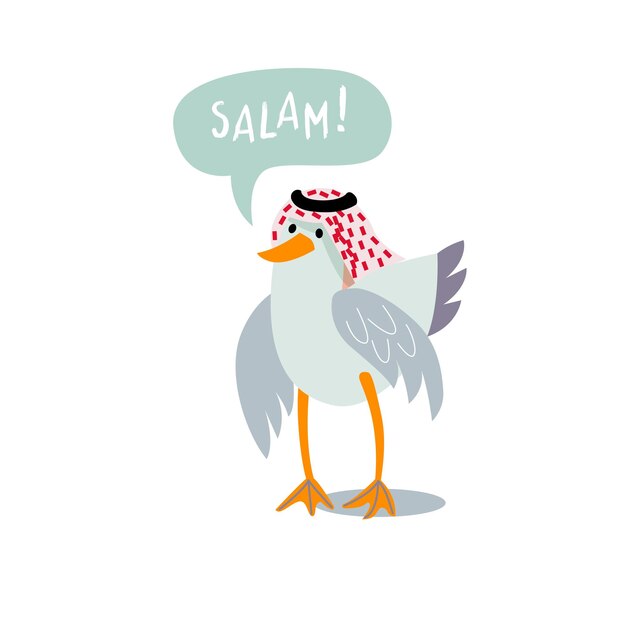 Cute seagull in a red scarf keffiyeh Bubble inscription hello in Arabic