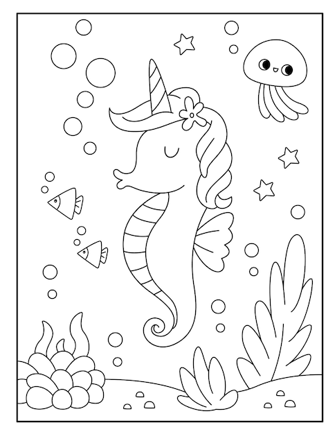 Vector cute seahorse coloring pages for kids