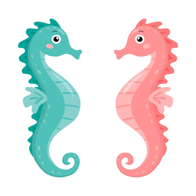 Cute seahorse couple in cartoon style