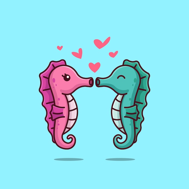 Cute seahorse couple love heart cartoon vector illustration animal nature isolated free