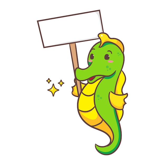 Vector cute seahorse holding empty board cartoon character kawaii adorable animal concept design