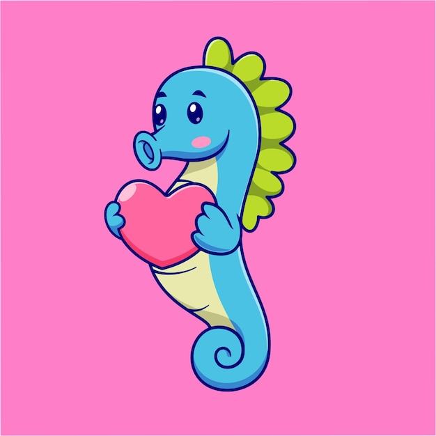 Vector cute seahorse holding love heart cartoon vector icon illustration animal holiday isolated flat