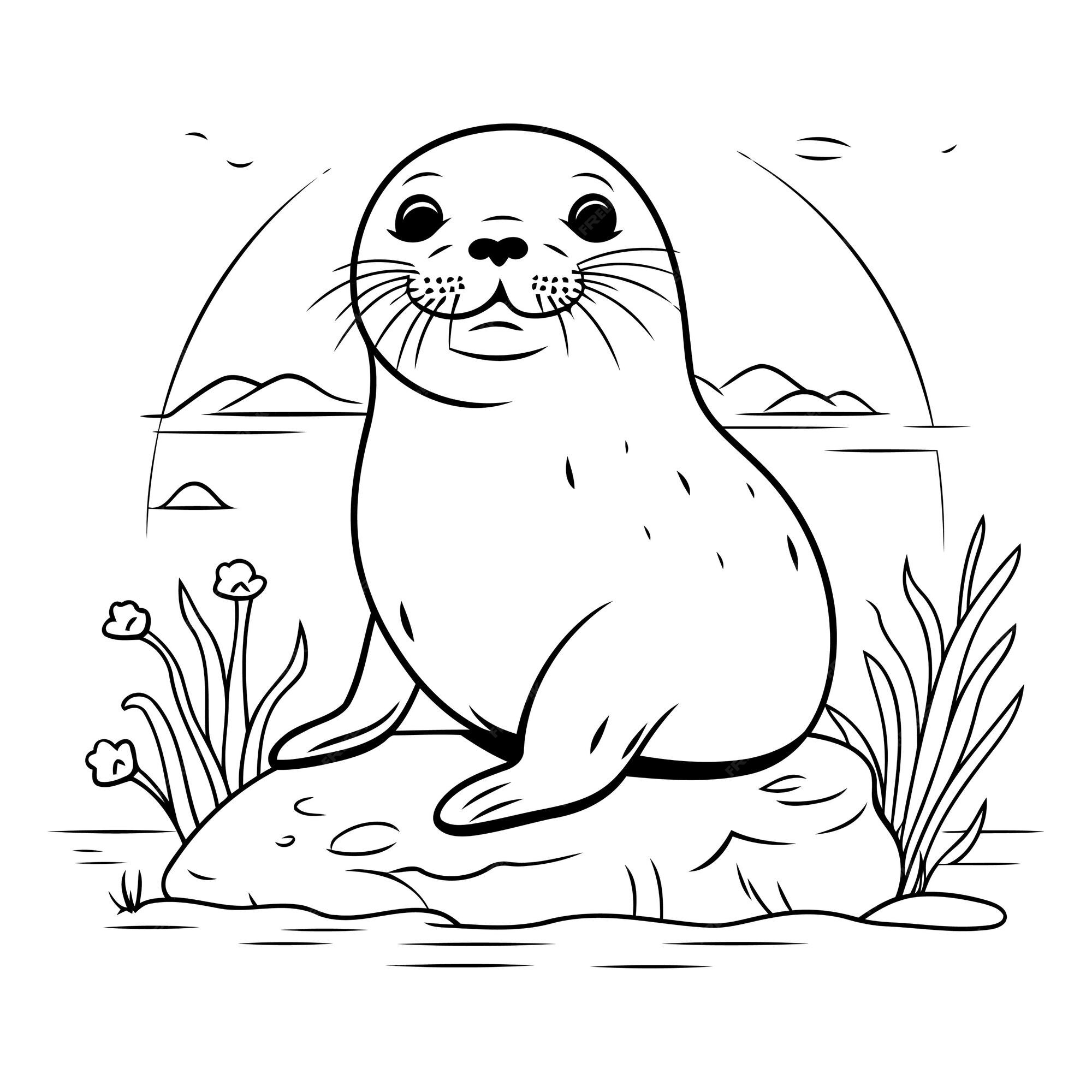 Premium Vector | Cute seal on the rock for coloring book
